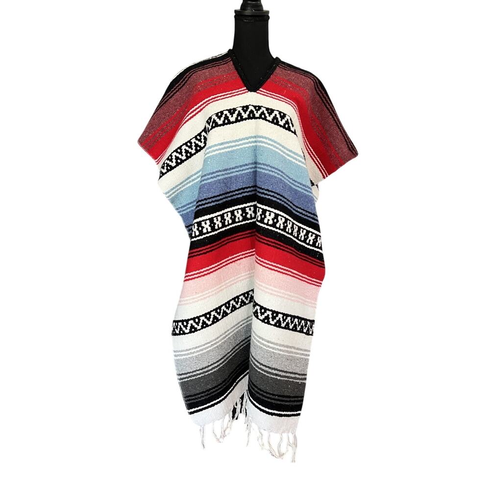 Traditional Mexican Blanket Poncho Fringe Southwestern Red White Blue OSFM